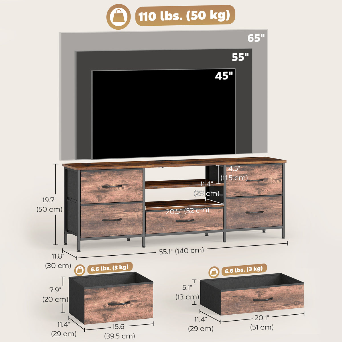 Industrial TV stand with storage and power strip