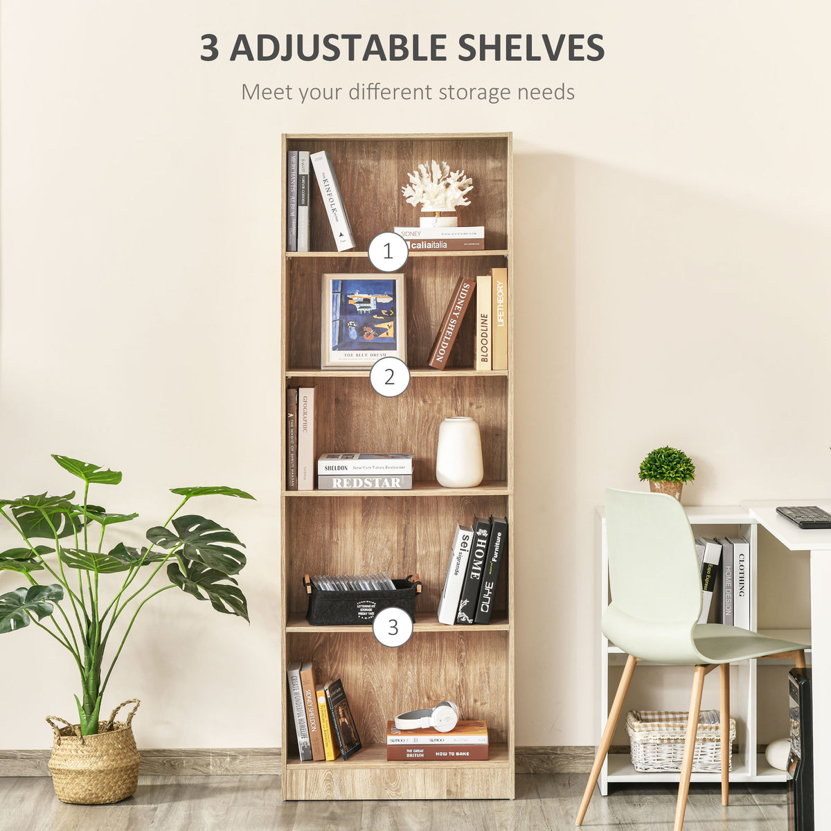 Biblioteca de 5 estantes con estantes ajustables