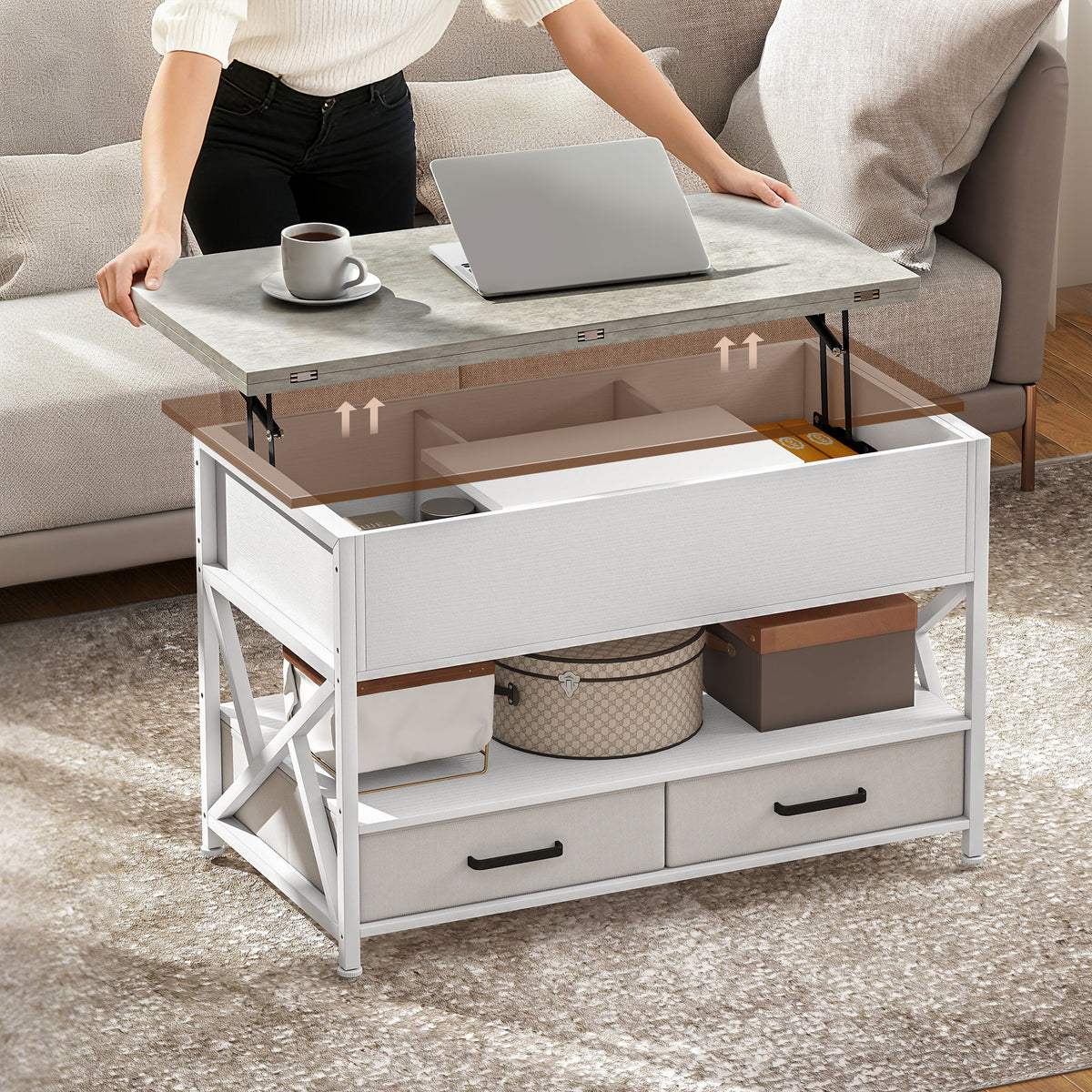 Modern lift top coffee table with storage drawers