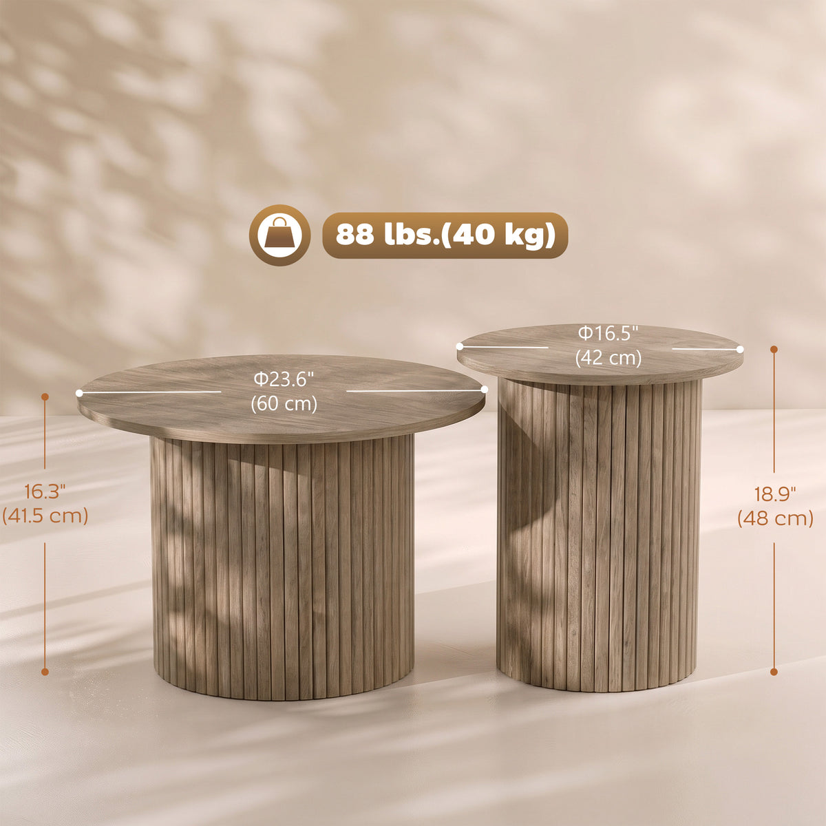 Round nesting coffee table weathered wood — Set of 2