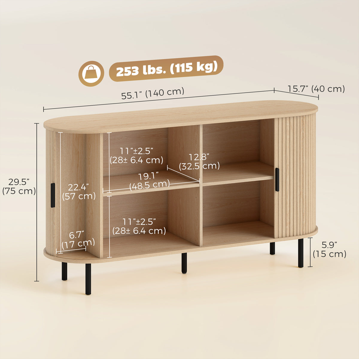 Fluted Sideboard Buffet Cabinet with Sliding Doors Adjustable Shelves