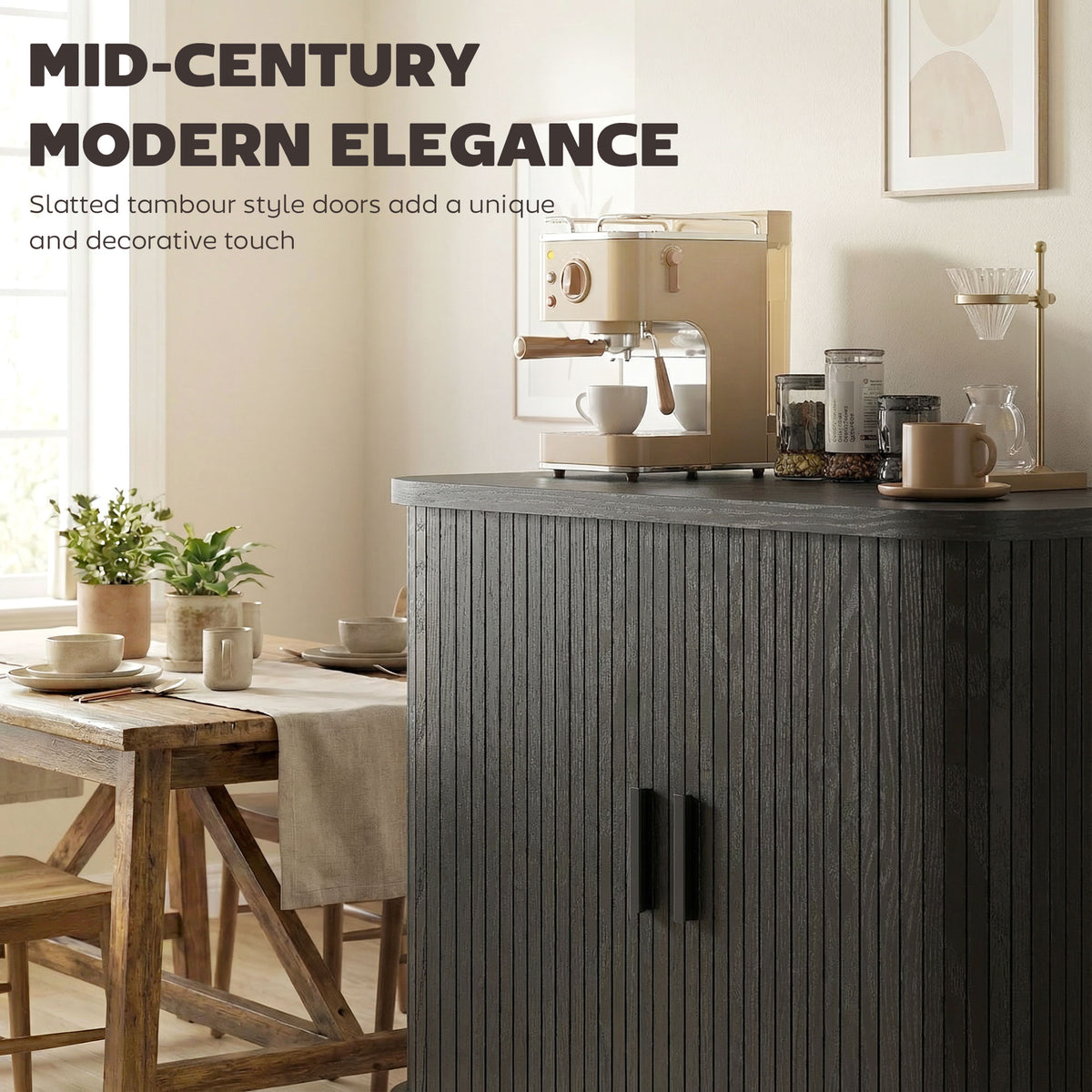 Nordic Sideboard Cabinet Slatted Tambour Doors Metal Legs