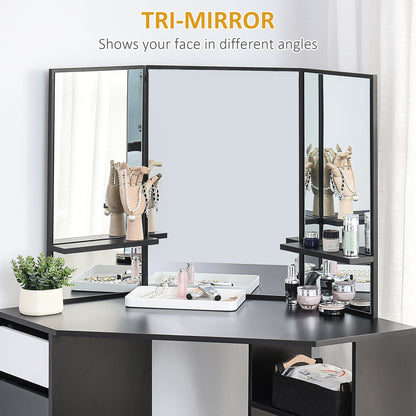 Corner makeup vanity table triple mirror with drawers