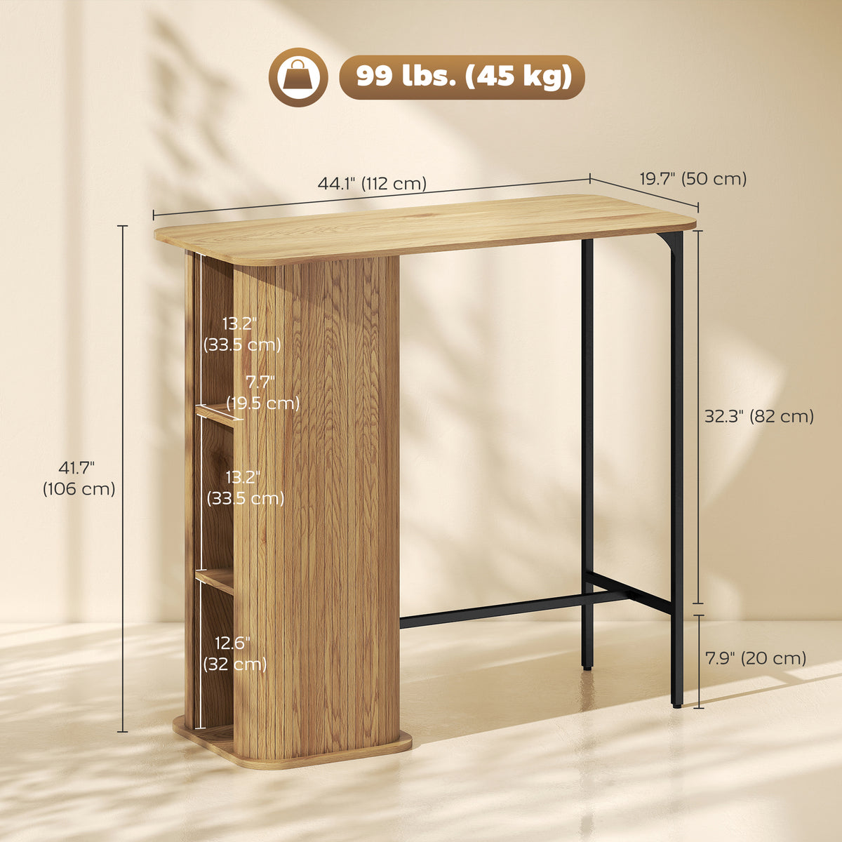 Tambour Bar Table 3 Side Shelves Rectangular Metal Frame