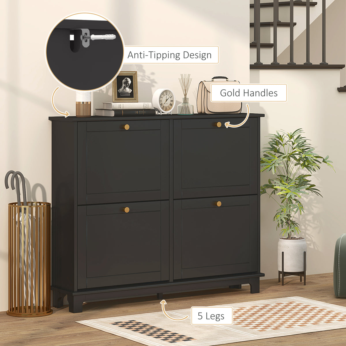 Narrow shoe storage cabinet with four flip drawers
