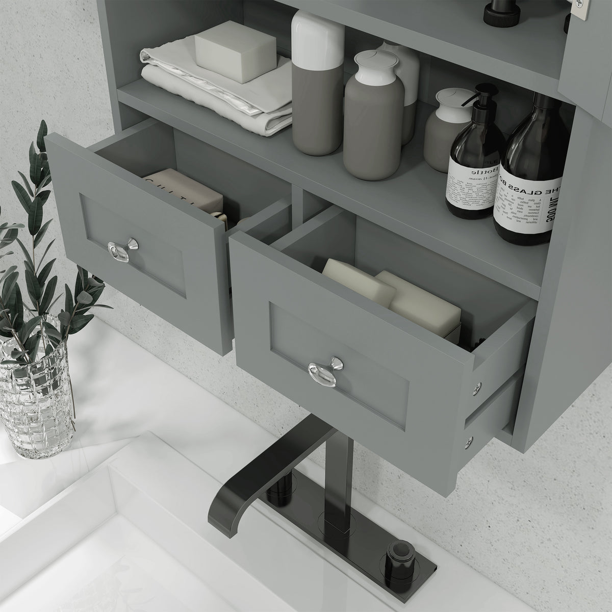 Wall Cabinet Bathroom with Drawers and Open Shelf