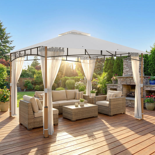 10'×12' Double Roof Gazebo UPF50+ with Mosquito Netting - Cream