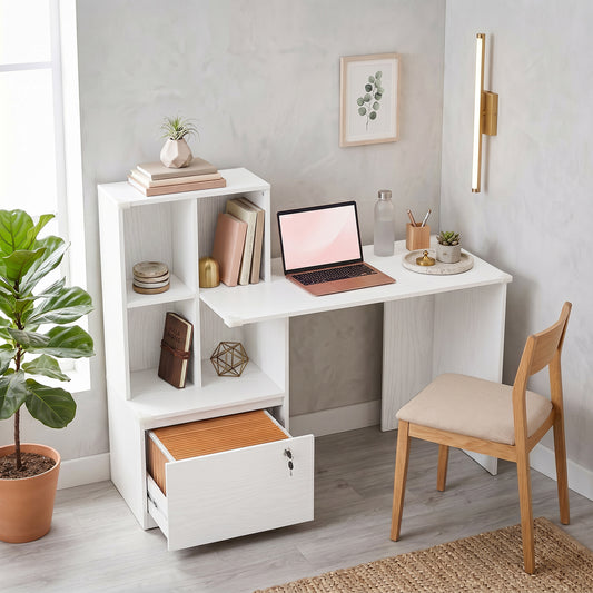 Computer Desk with Bookshelf and Locking File Drawer