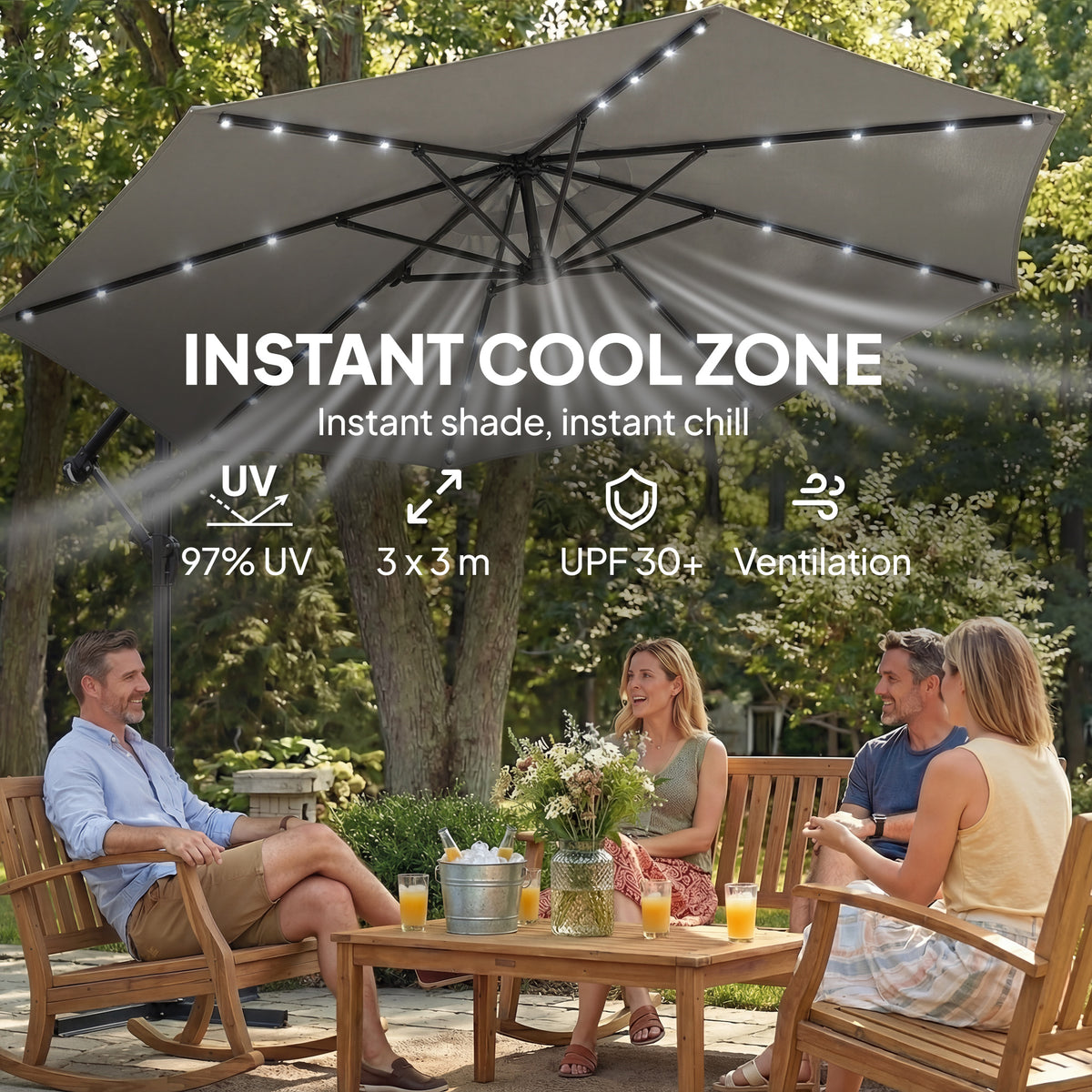 Cantilever Patio Umbrella with Solar LED Lights and Crank