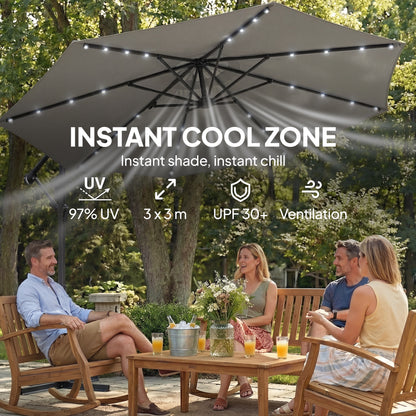 Cantilever Patio Umbrella with Solar LED Lights and Crank