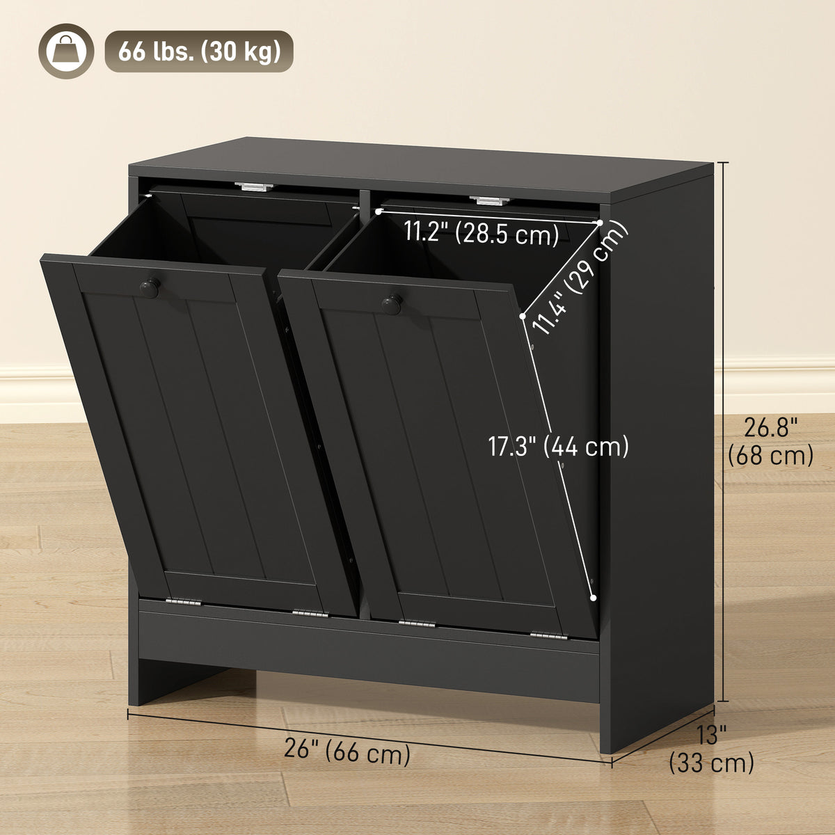 Modern tilt-out laundry hamper cabinet with two compartments