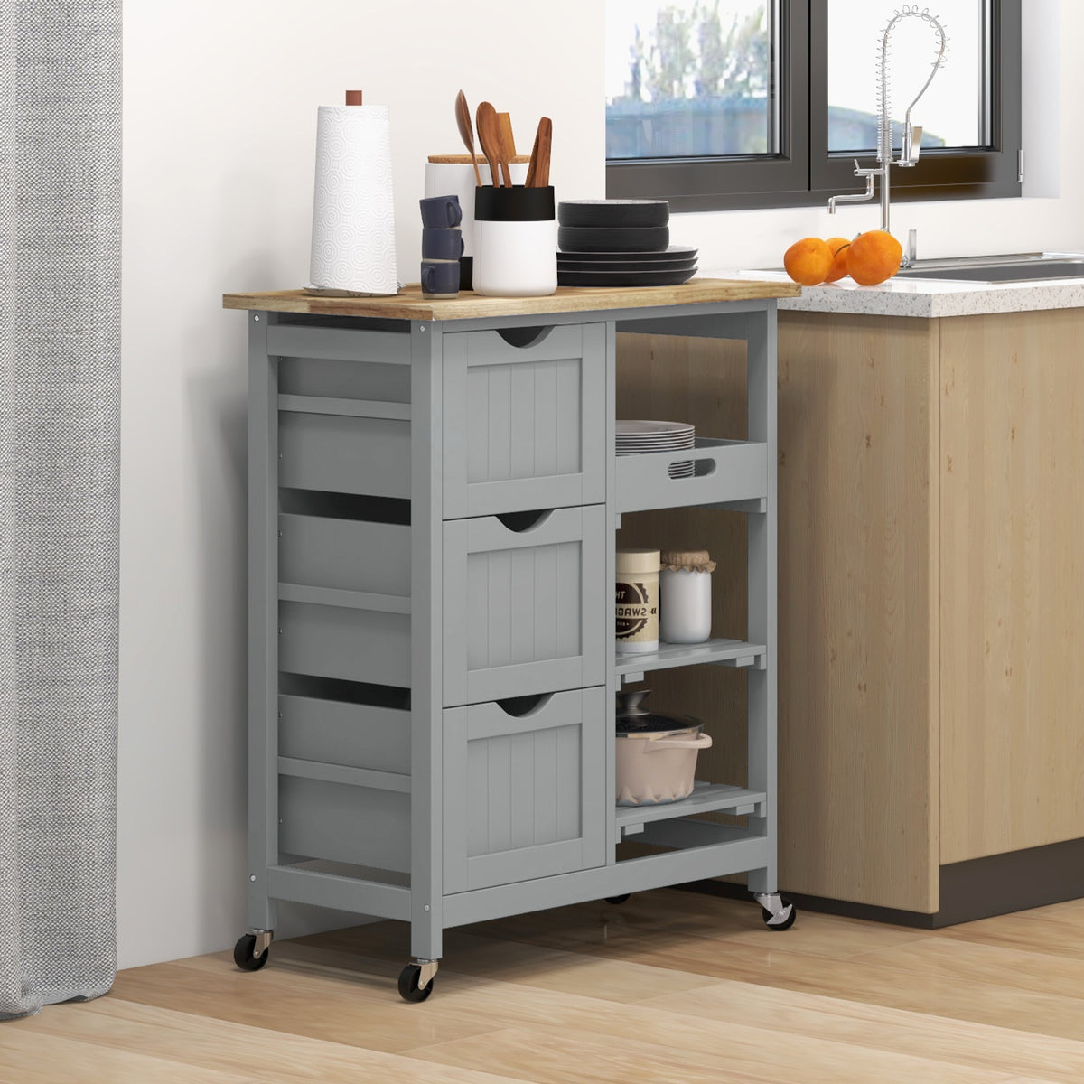 Rolling kitchen cart with wood top and drawers