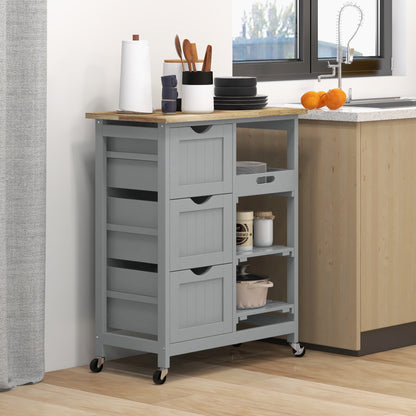 Rolling kitchen cart with wood top and drawers