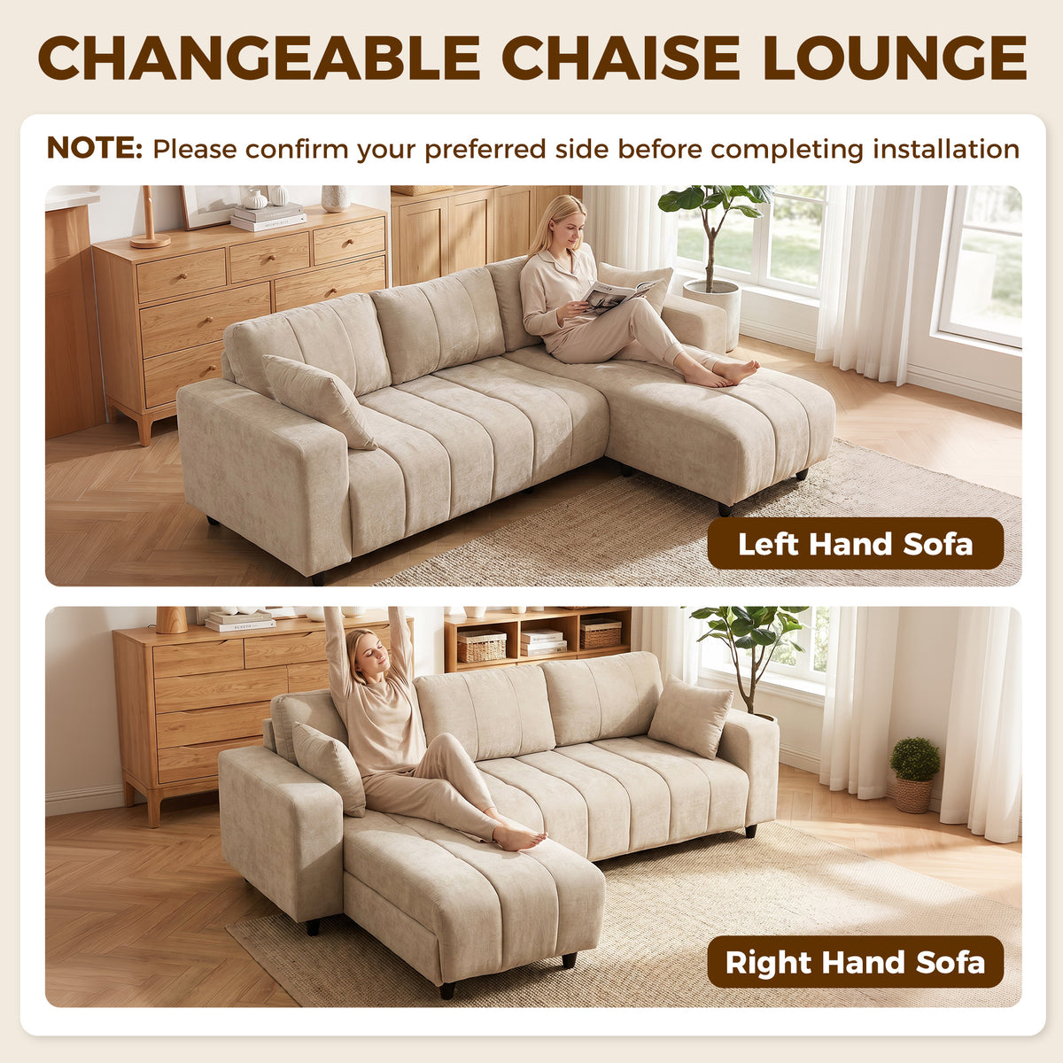Reversible L-Shaped Sectional Sofa 4-Seater Linen