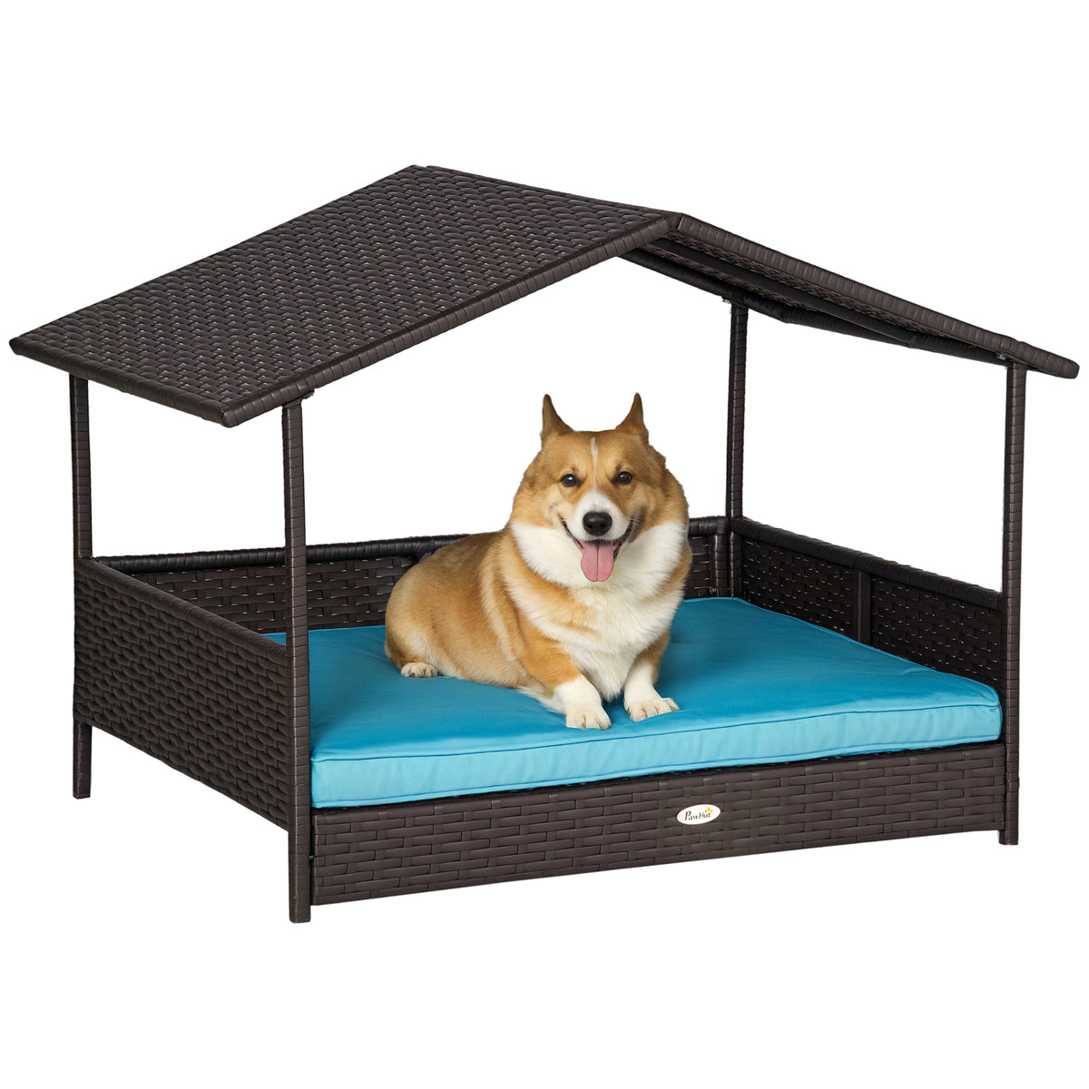 Elevated Rattan Dog House with Canopy Shelter