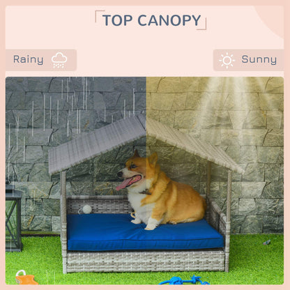 Elevated Rattan Dog House with Canopy Shelter