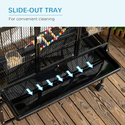 Large bird cage with wheels and accessories