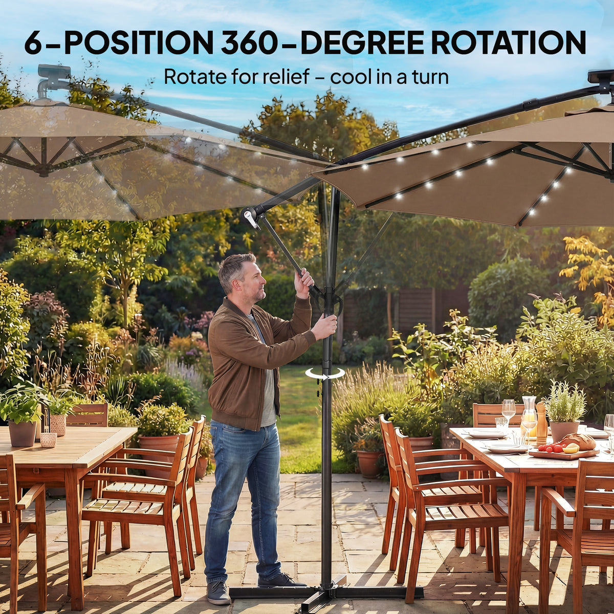 Cantilever Patio Umbrella with Solar LED Lights and Crank