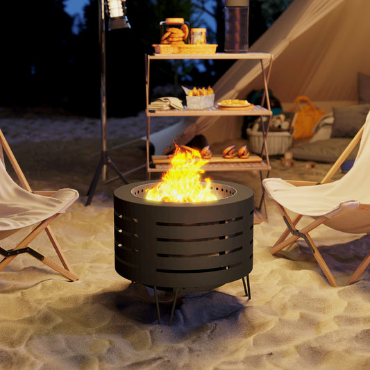 Round Wood Burning Fire Pit with Poker and Hairpin Legs