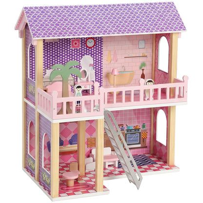 Casa de muñecas de madera con muebles