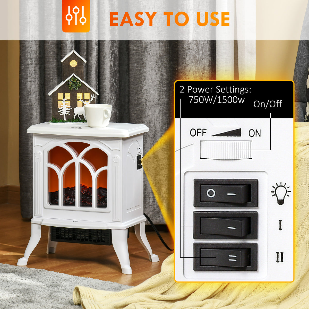 Electric Fireplace Heater with Realistic Flame 750W/1500W