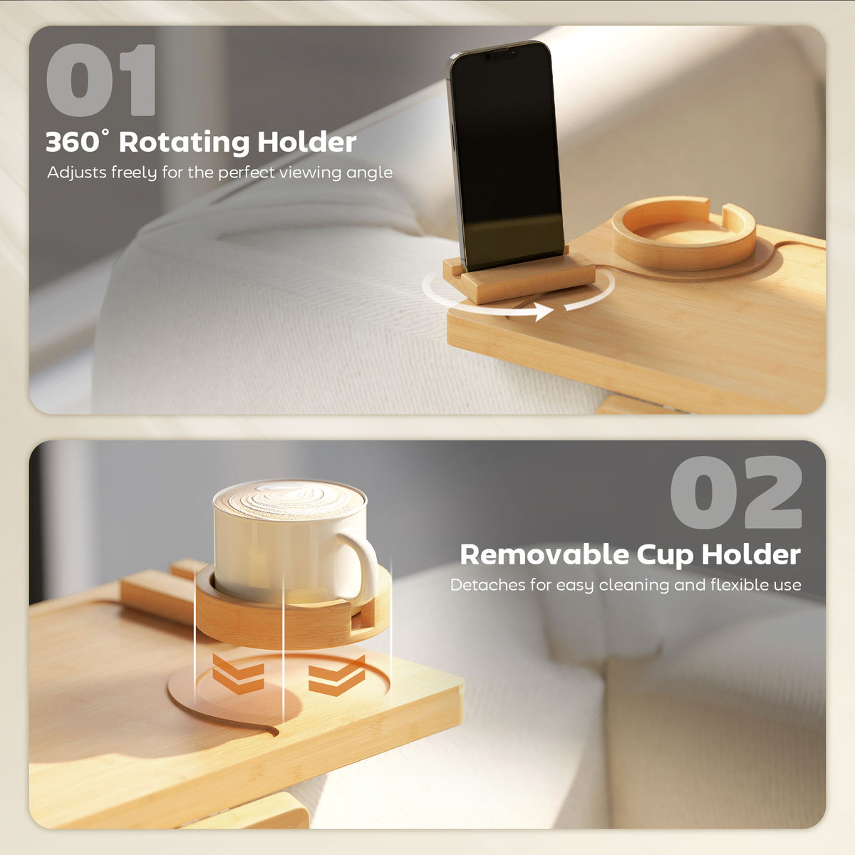 Couch Arm Tray with 360° Rotating Phone Holder