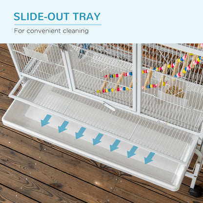 Large bird cage with wheels and accessories