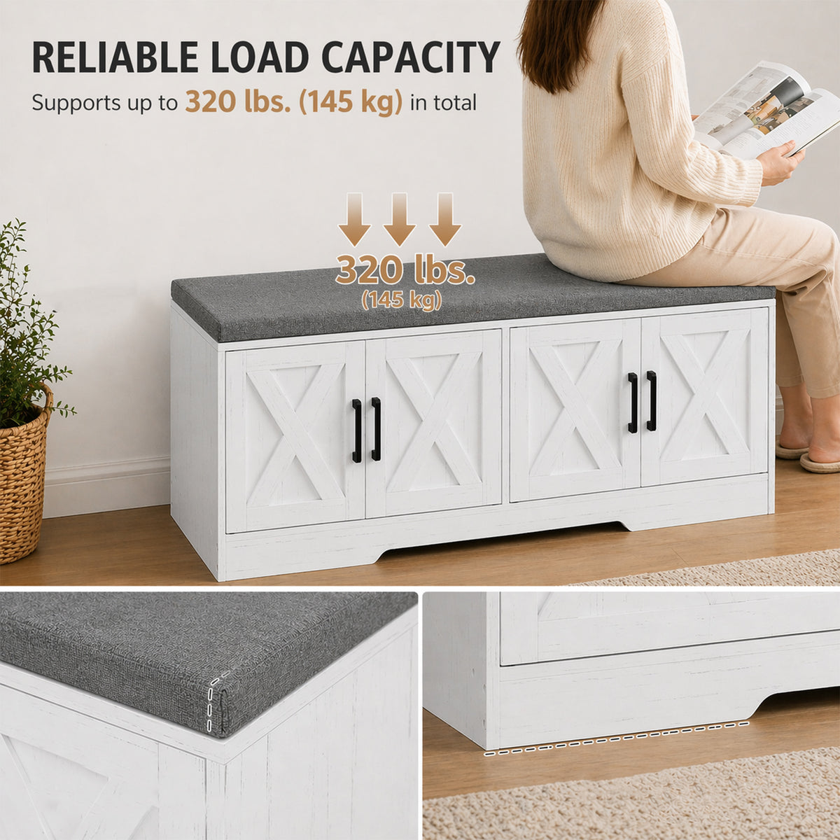 Shoe storage bench with cushion — 120 x 35 x 45 cm