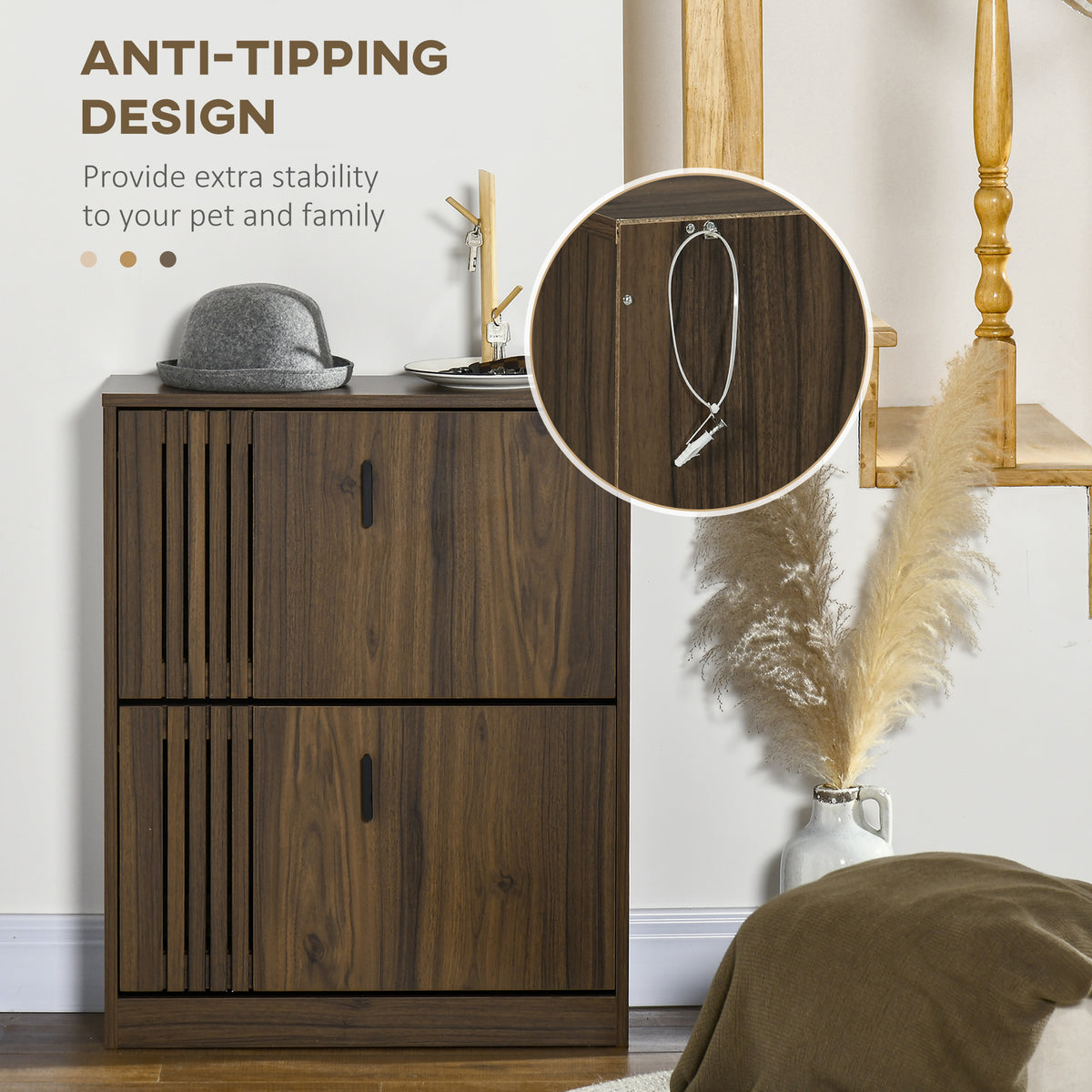 Narrow shoe storage cabinet with two flip drawers