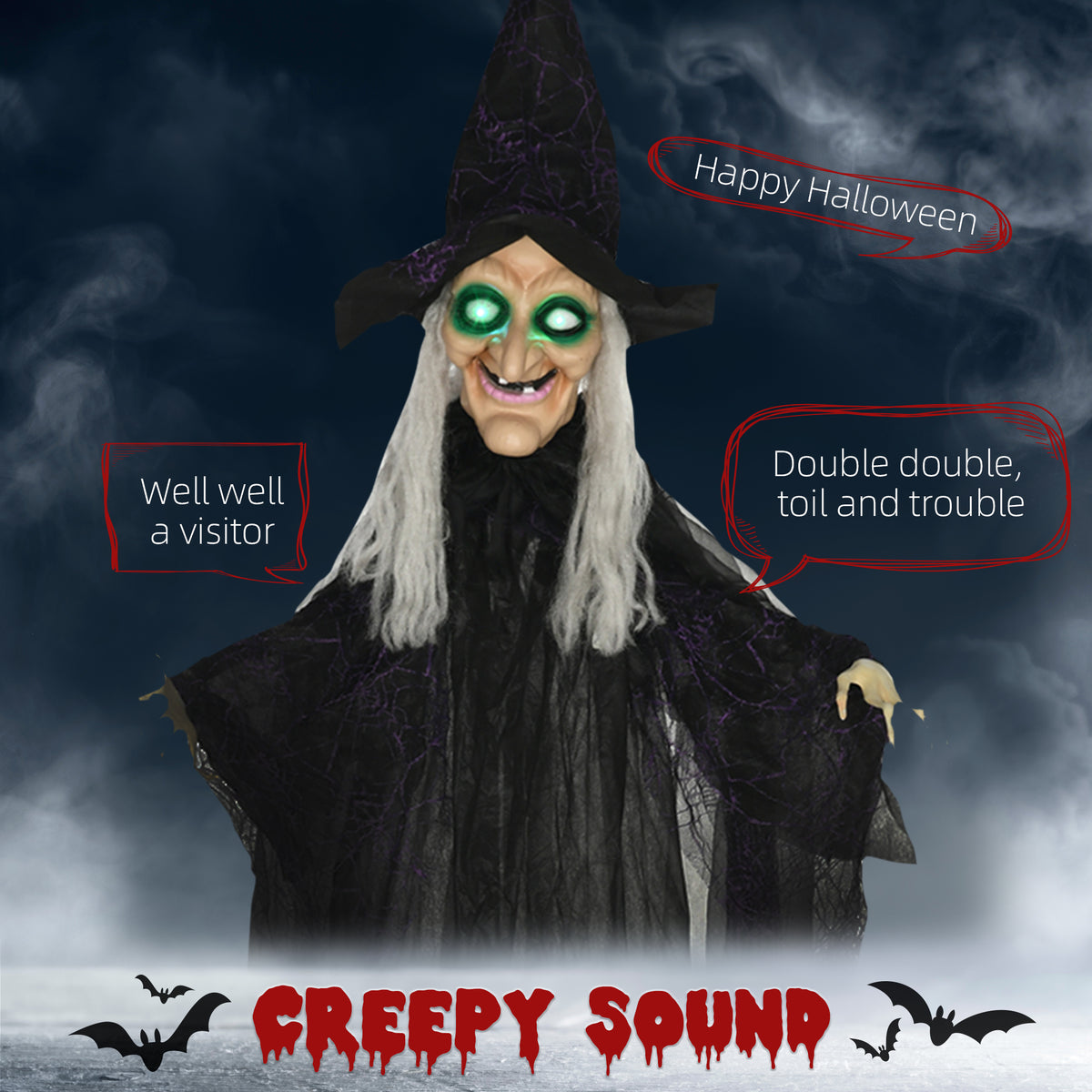 Life-Size Witch 6 ft Light-Up Eyes Halloween Prop — Black