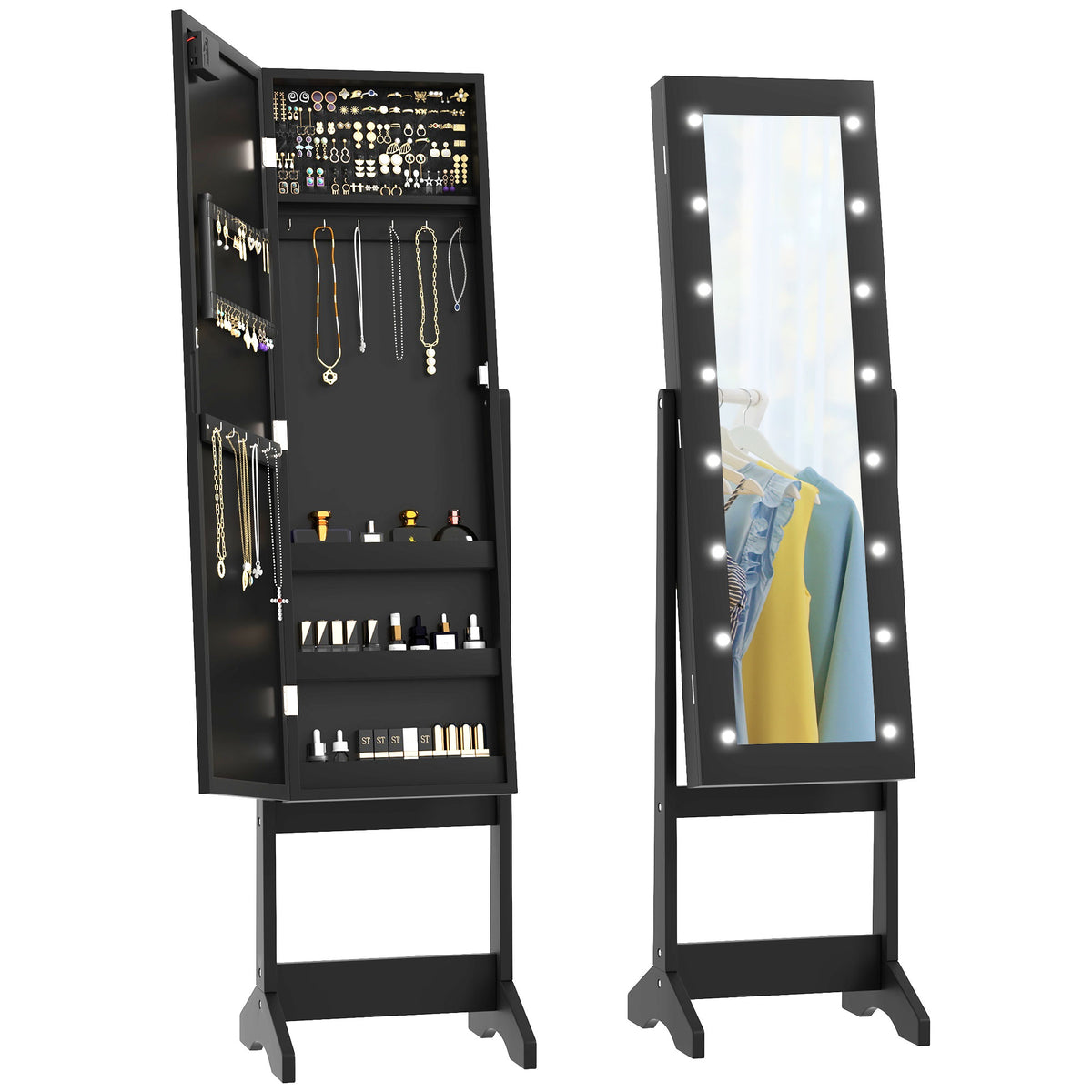 Standing Jewelry Armoire with Mirror and LED Lights