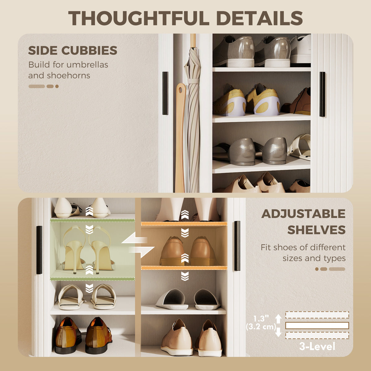 Shoe storage cabinet with tambour doors and adjustable shelves