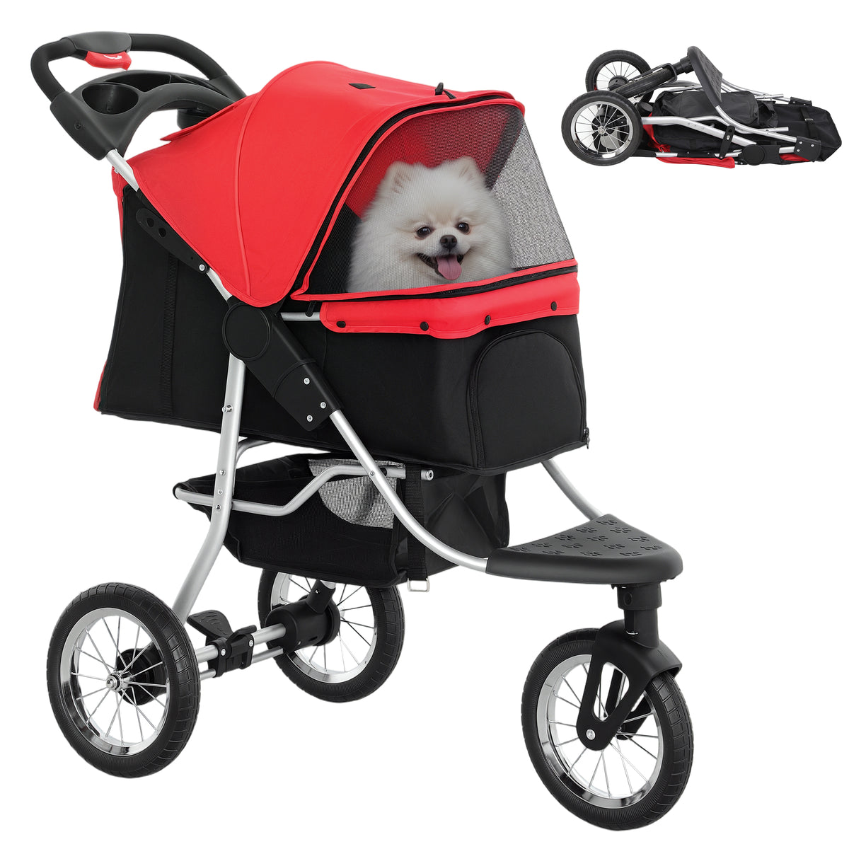 Cochecito plegable de 3 ruedas para perros con toldo ajustable