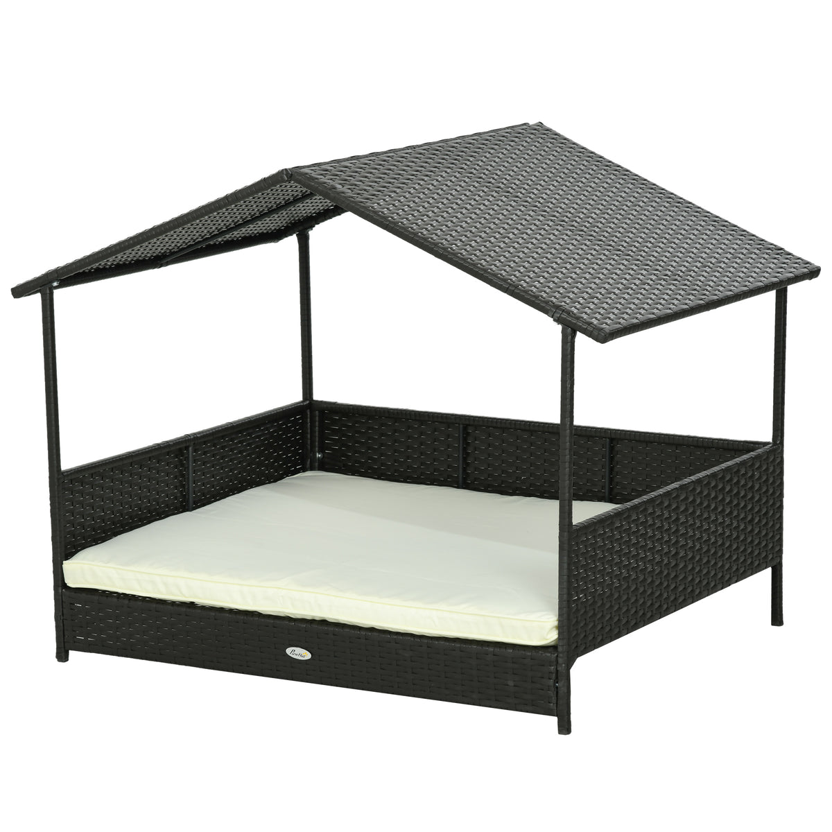Cama elevada para perros con toldo de ratán
