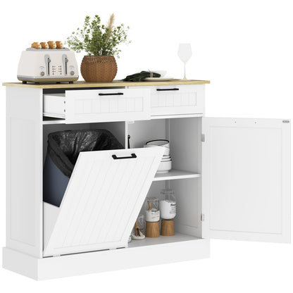Tilt-out hidden trash can cabinet with drawers