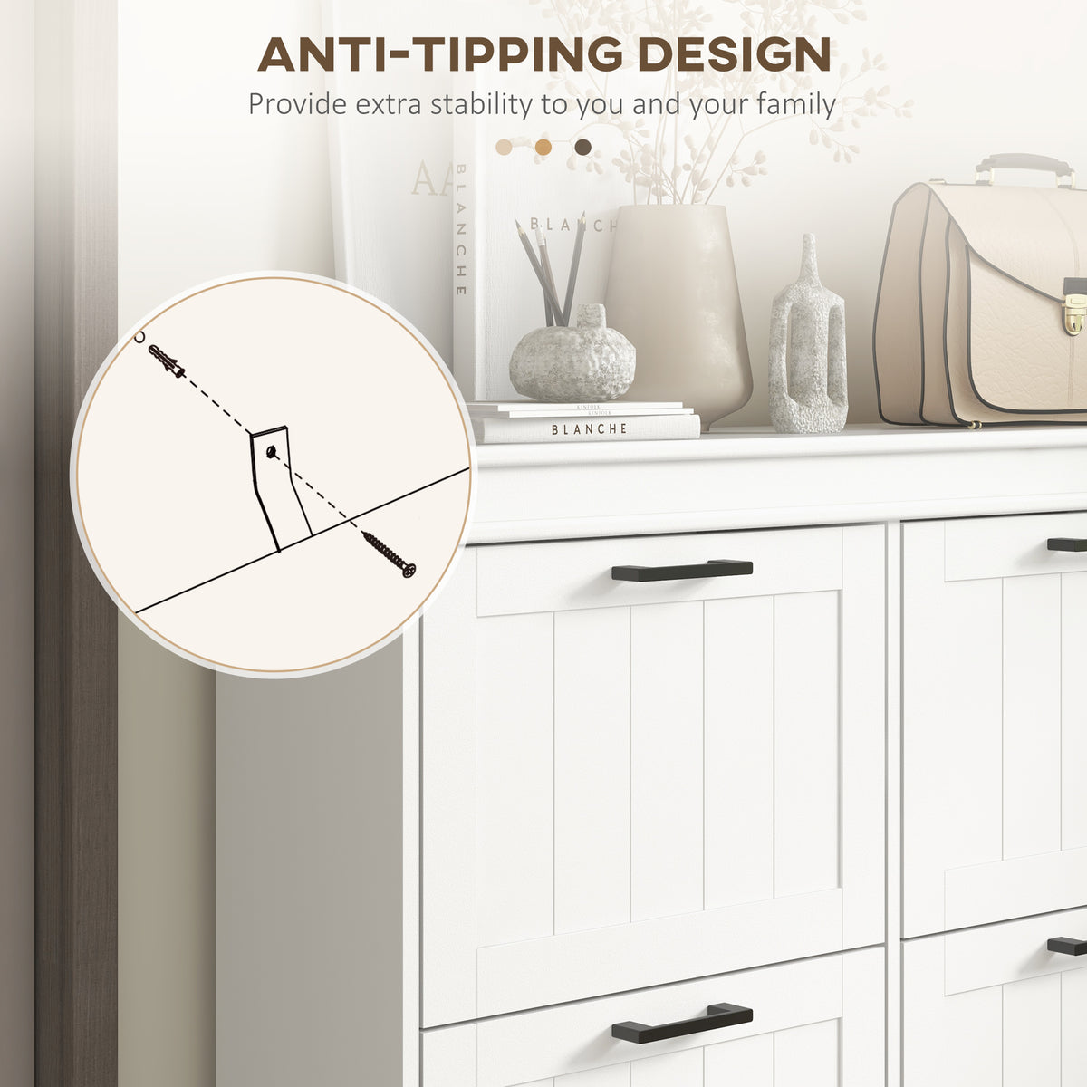 Narrow shoe storage cabinet with 4 flip drawers