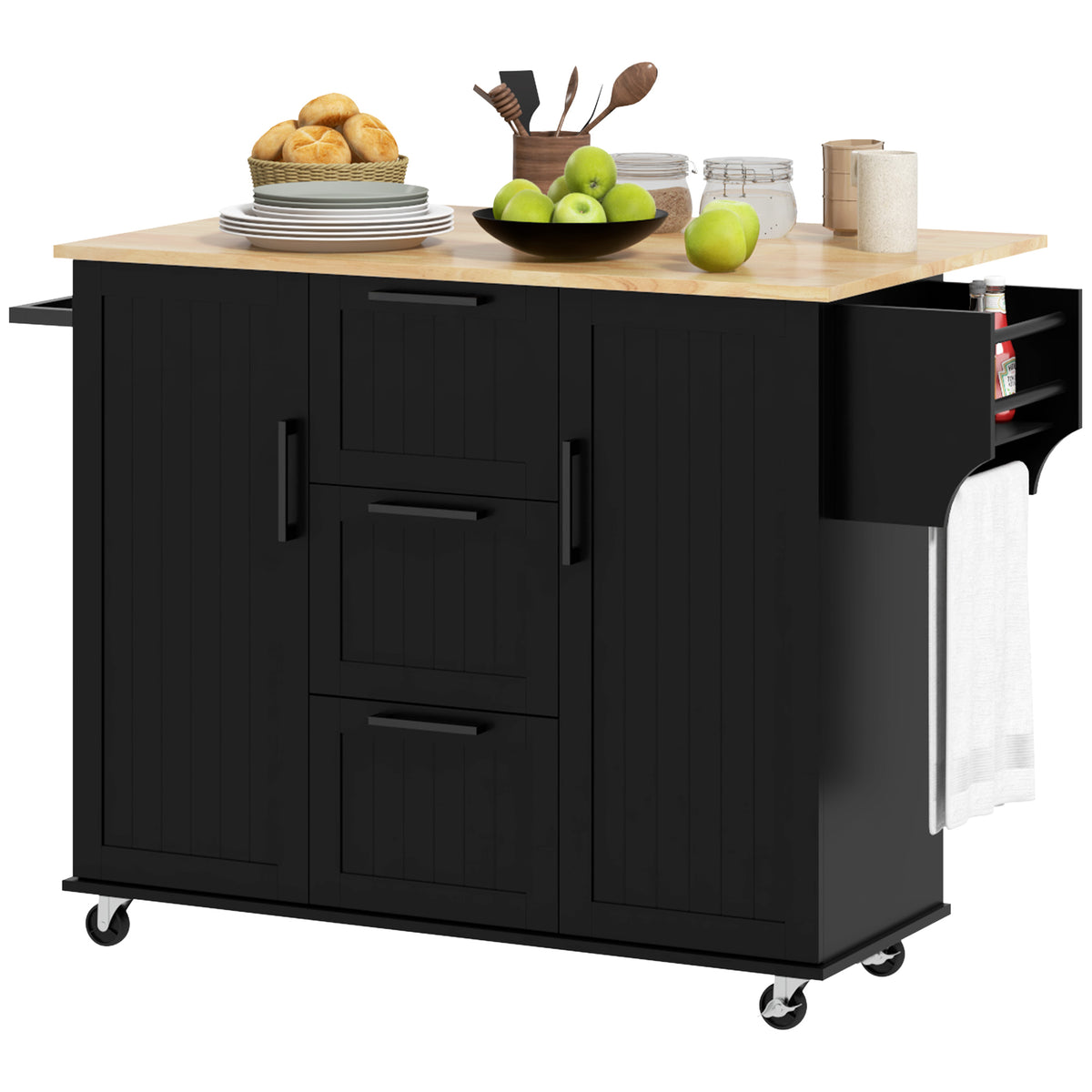 Isla de cocina con ruedas, tapa abatible y cajones