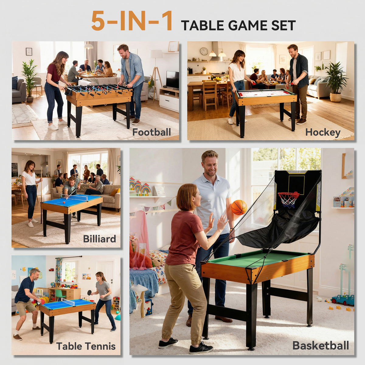 Mesa multijuegos 5 en 1 con futbolín, billar, hockey