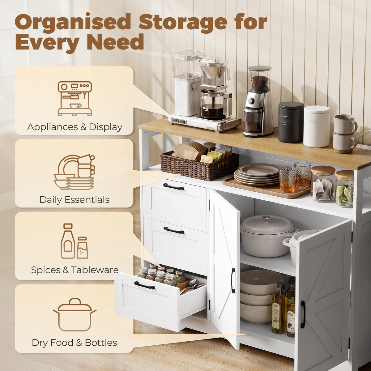 Farmhouse sideboard buffet cabinet with charging station