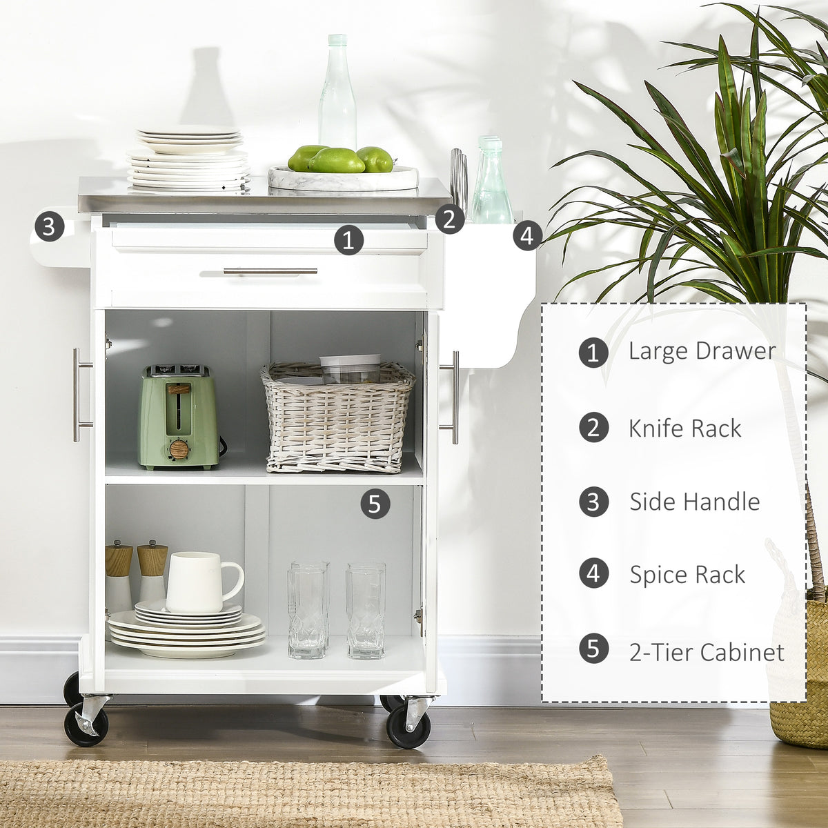Kitchen island with stainless steel top and rolling cart