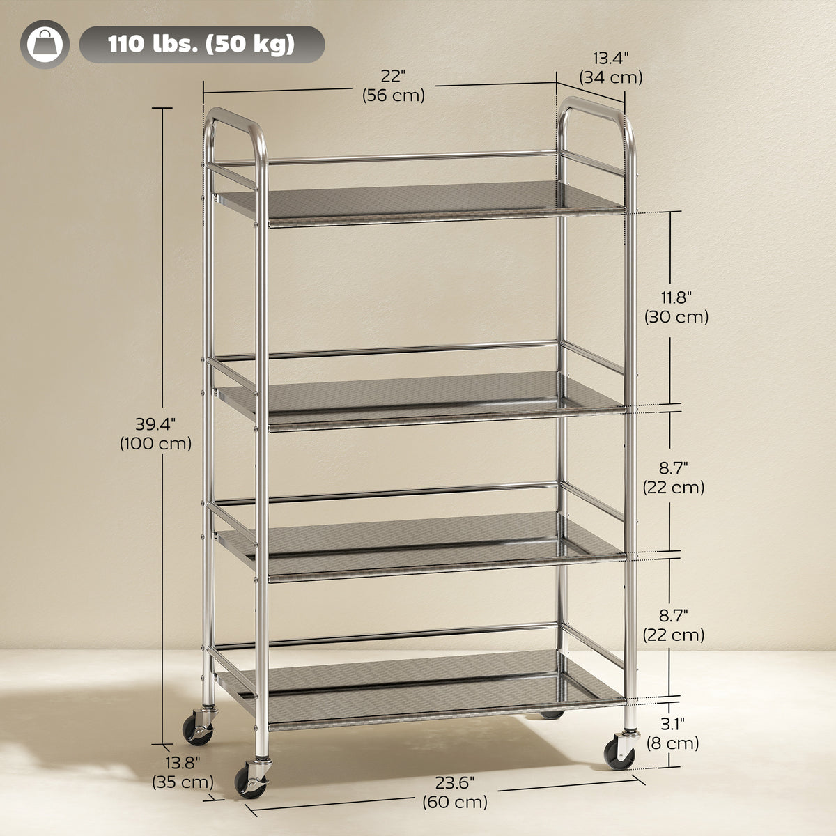 4-Tier Stainless Steel Rolling Utility Cart