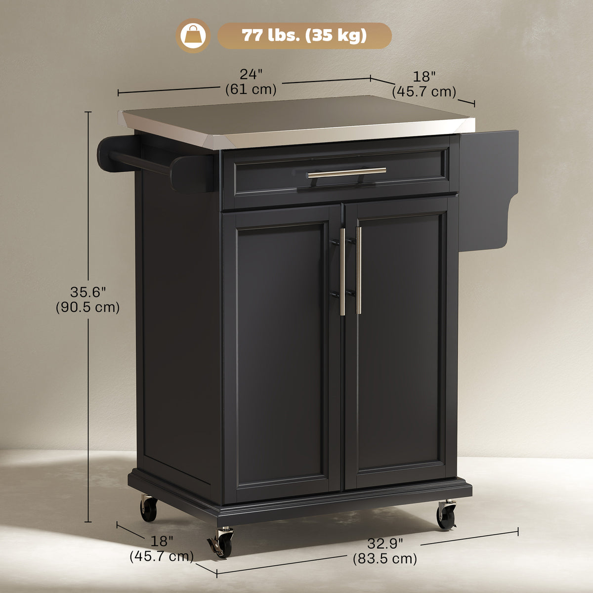 Kitchen island with stainless steel top and rolling cart