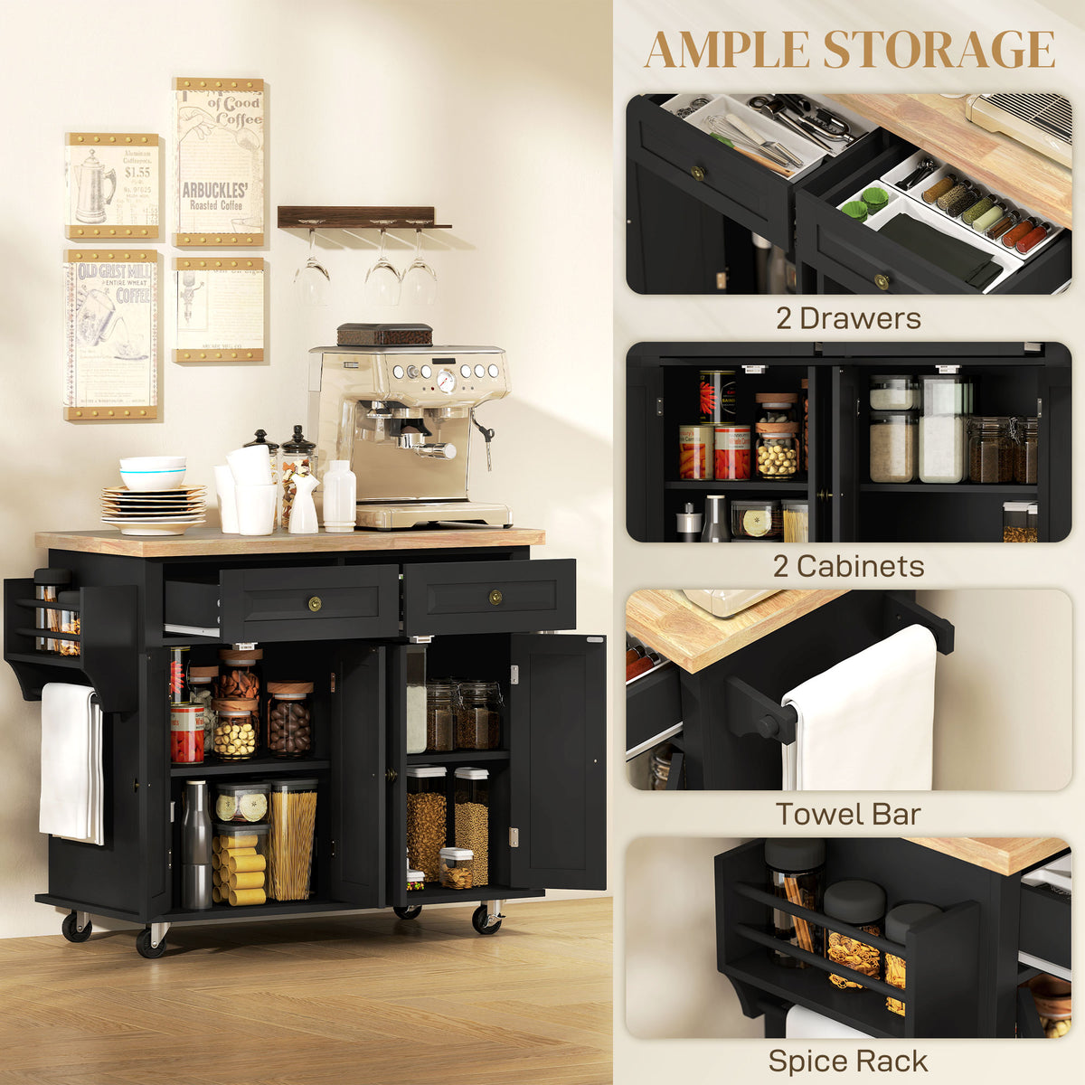 Rolling kitchen island with storage and wood top