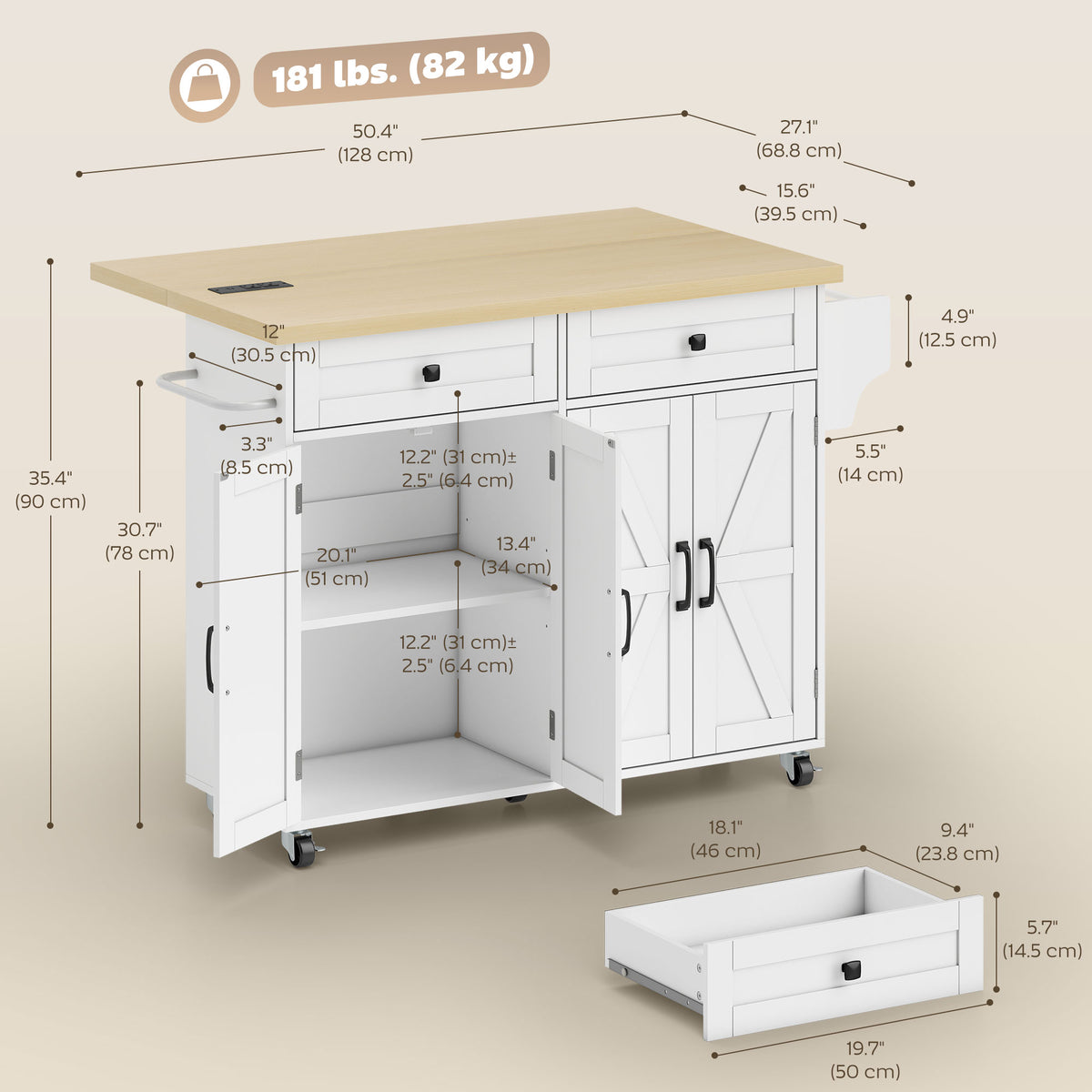 Kitchen island with charging station and drop leaf