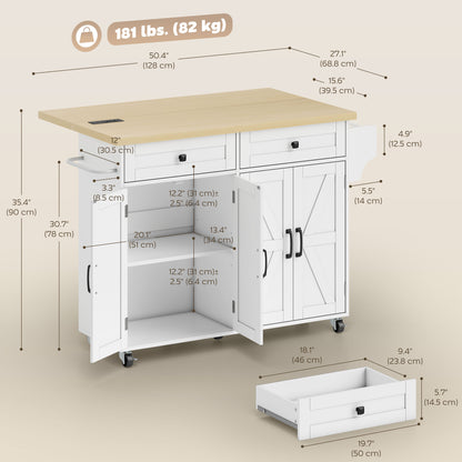 Kitchen island with charging station and drop leaf