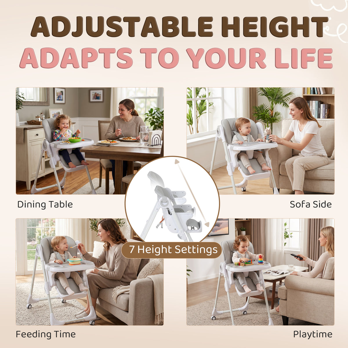 Foldable High Chair with Double Tray and Wheels