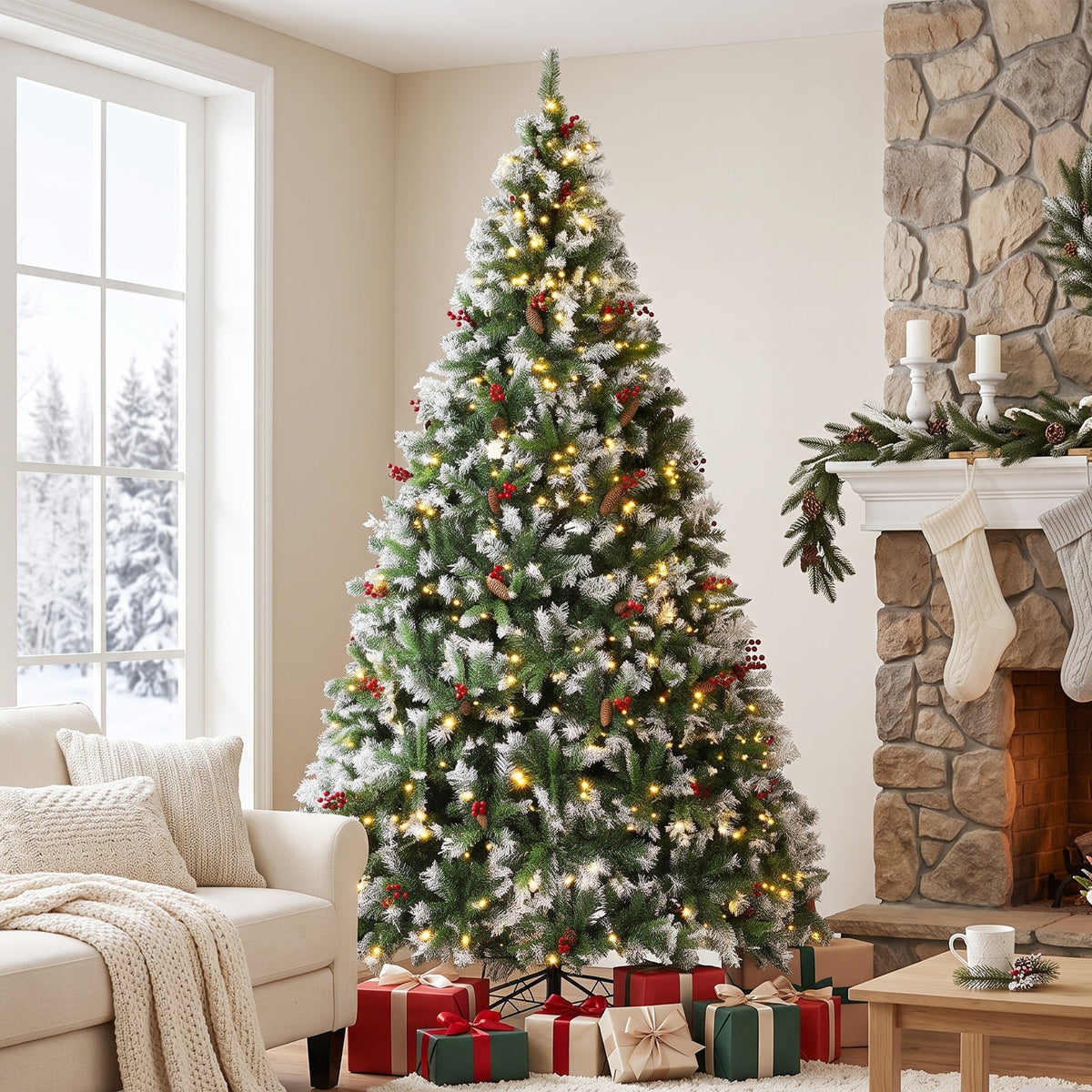 Árbol de Navidad artificial nevado preiluminado