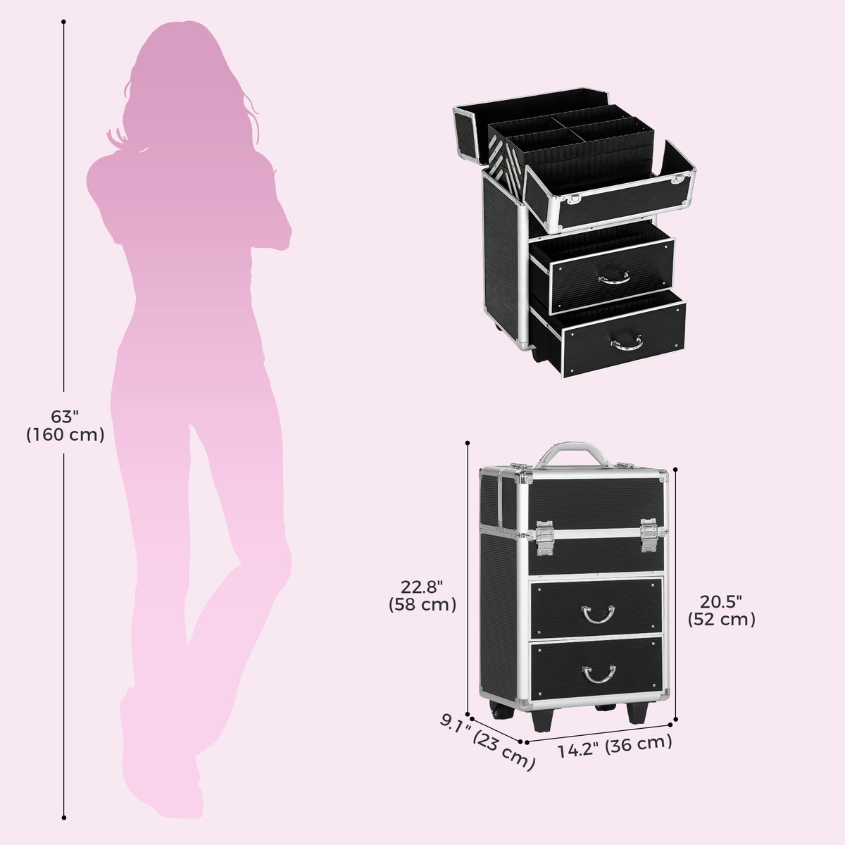 Maletín de maquillaje profesional con ruedas de aluminio