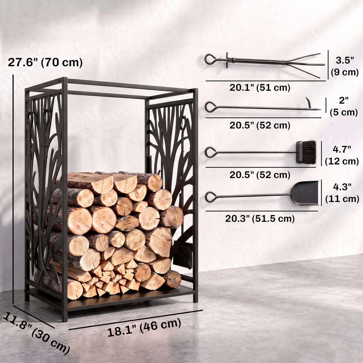 Firewood rack for fireplace with 4 tools 46 x 30 x 70 cm