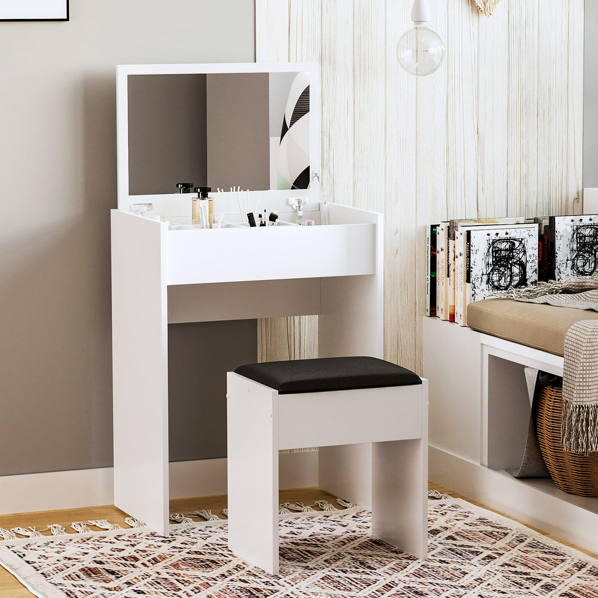Modern vanity table with flip top mirror and cushioned stool